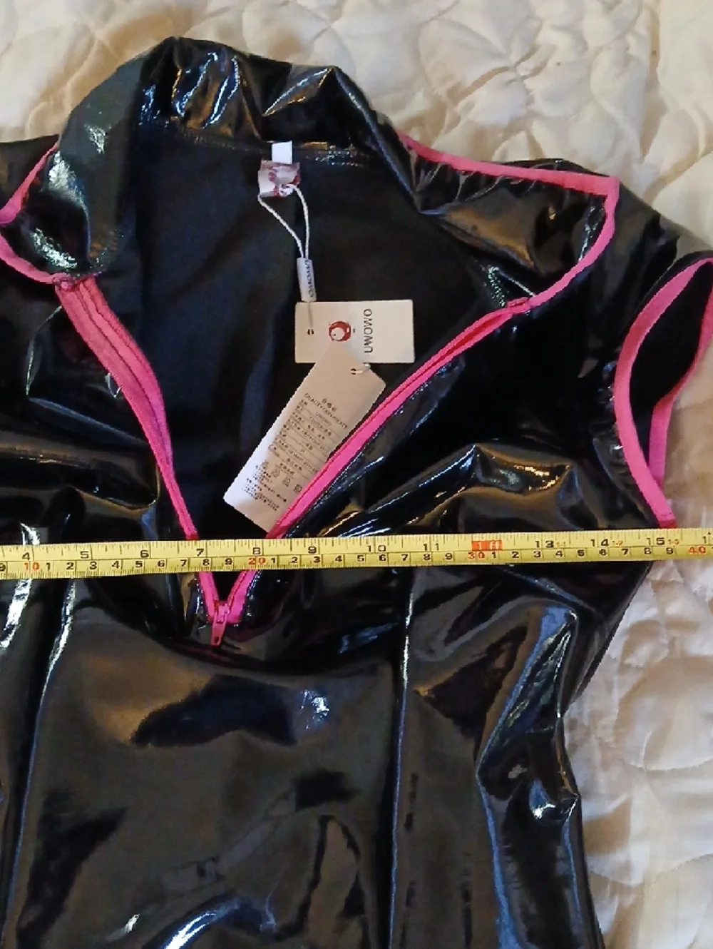 UWOWO Black Patent Vinyl Mini Dress with Hot Pink Trim. - Picture 6 of 9
